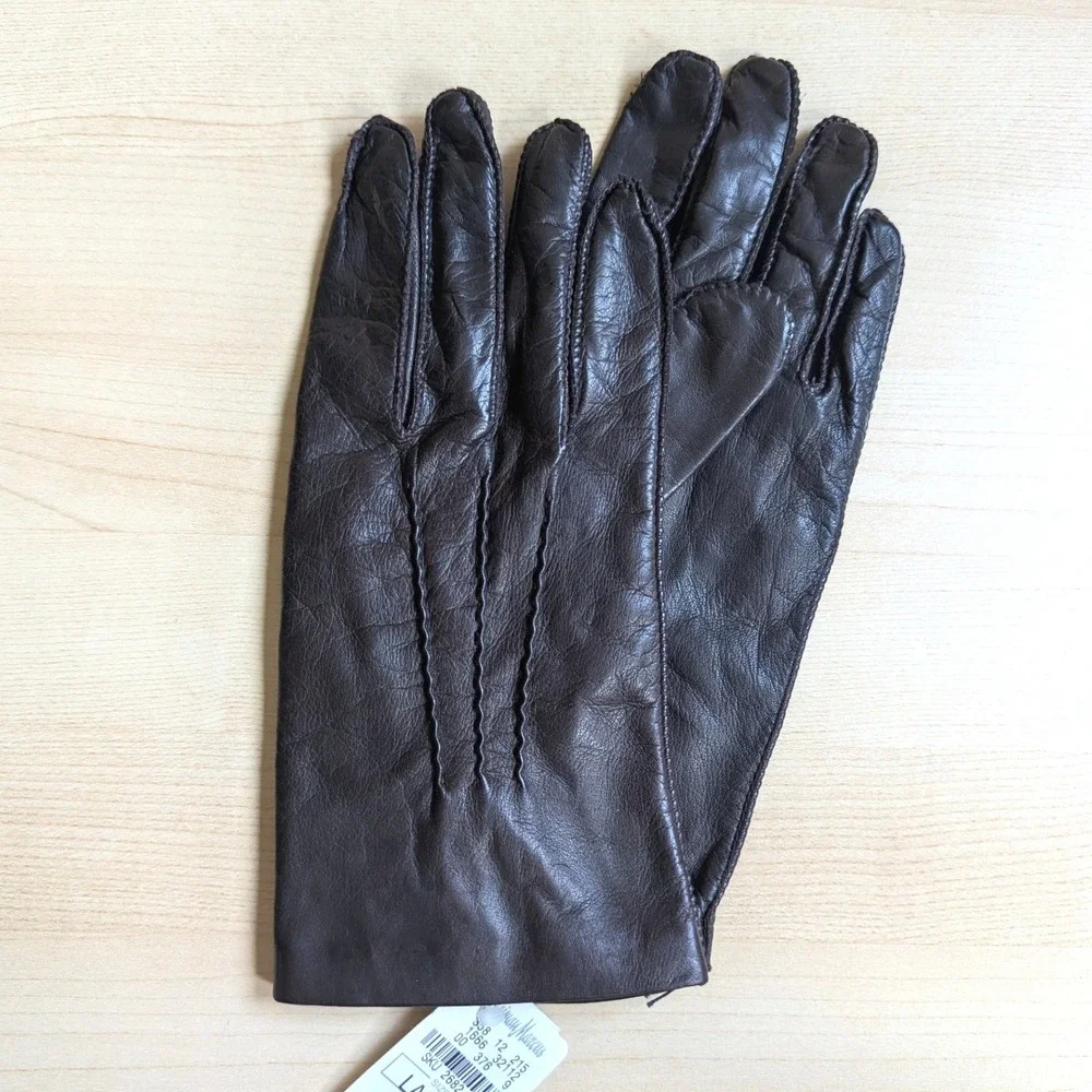 Neiman Marcus Brown Lambskin Leather Gloves Silk Lined Quiet Luxury Large NWT